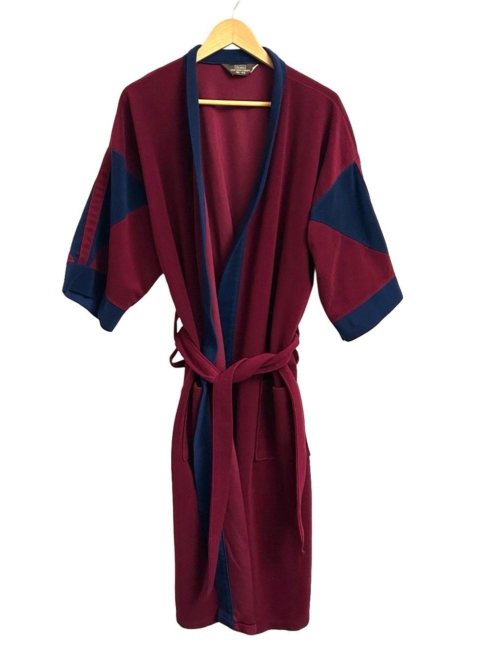Men’s Vintage Belted Bath Robe 1970s Sears One Size Chest 36-48 Maroon & Navy